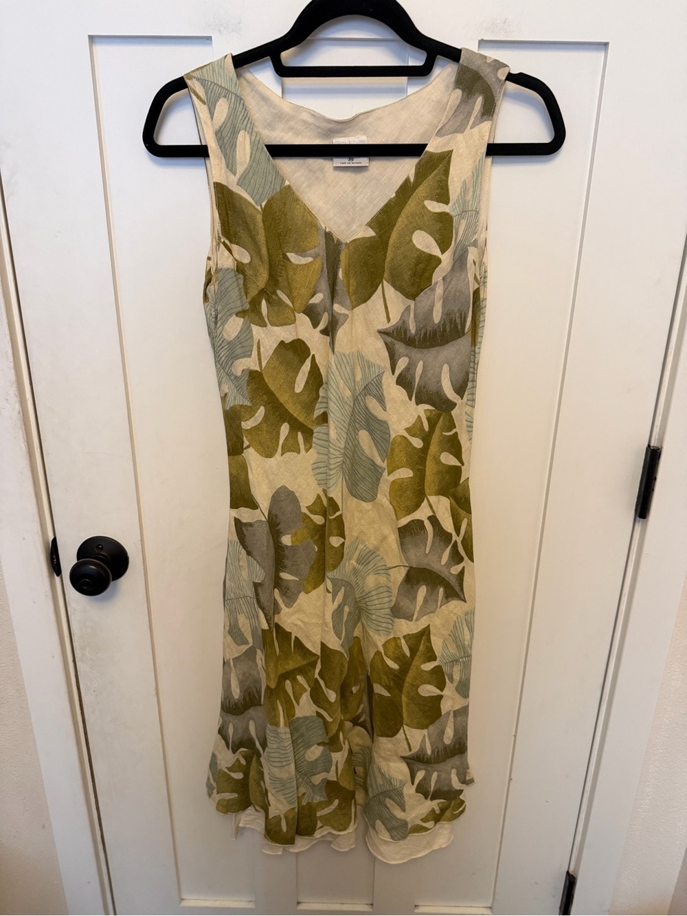 Vintage monstera 100% Linen V-Neck Sleeveless Layered tropical Midi Dress XS
